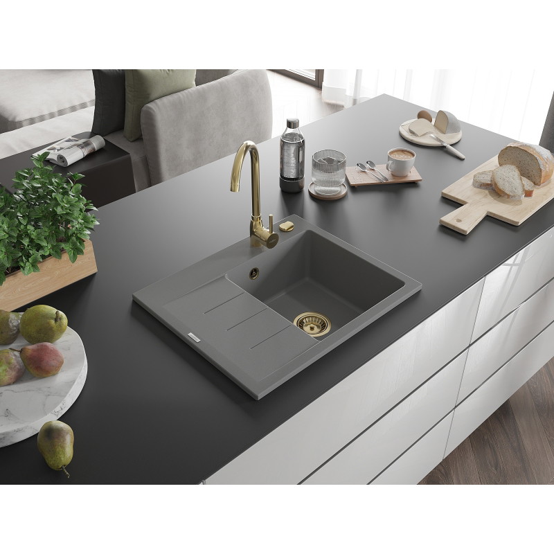 Mexen Ben zlewozmywak granitowy 1-komorowy z ociekaczem, prawy 600 x 500 mm, szary, syfon złoty  - 6523605000-71-G