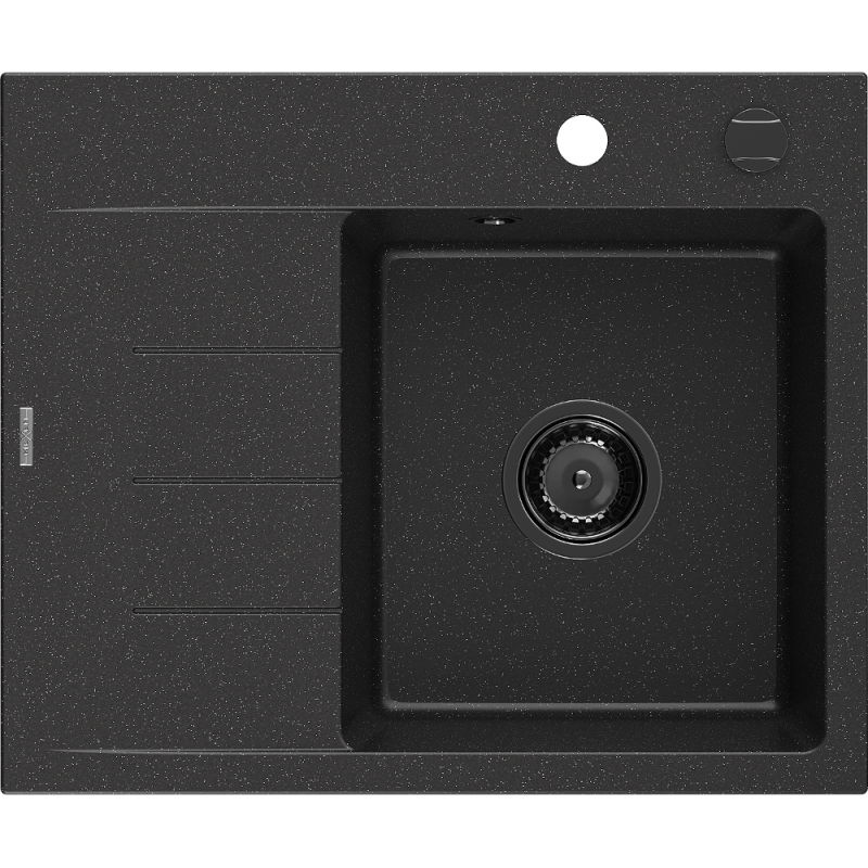 Mexen Ben zlewozmywak granitowy 1-komorowy z ociekaczem, prawy 600x500 mm, czarny/srebrny metalik syfon czarny - 6523605000-73-B