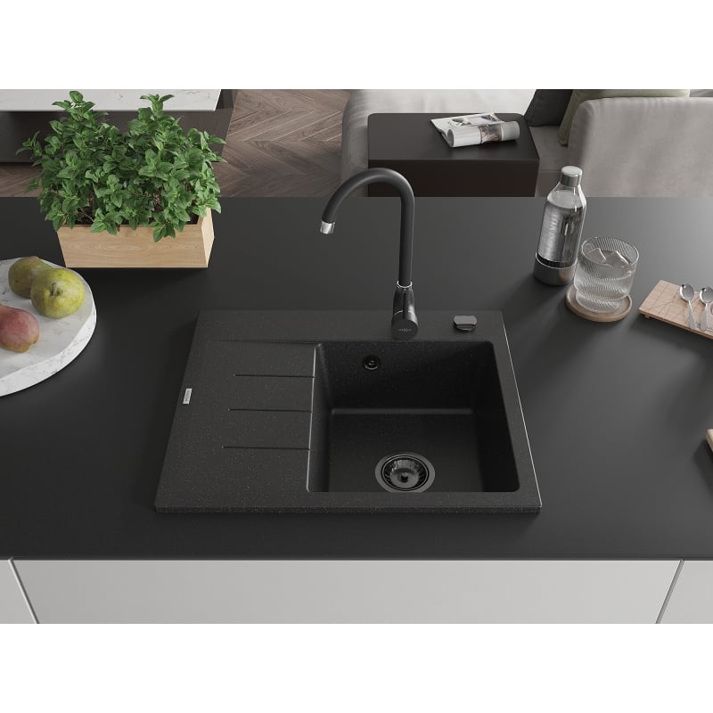 Mexen Ben zlewozmywak granitowy 1-komorowy z ociekaczem, prawy 600x500 mm, czarny/srebrny metalik syfon czarny - 6523605000-73-B