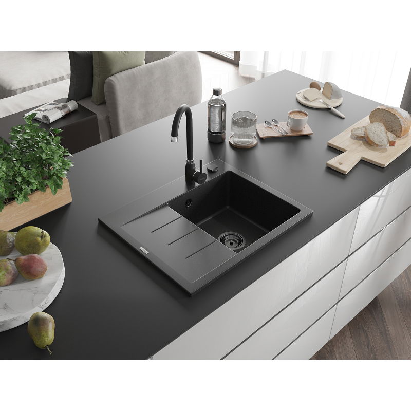 Mexen Ben zlewozmywak granitowy 1-komorowy z ociekaczem, prawy 600x500 mm, czarny/srebrny metalik syfon czarny - 6523605000-73-B