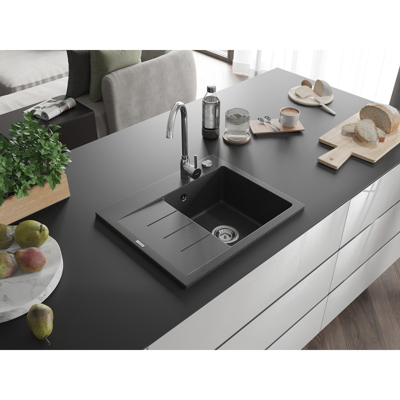 Mexen Ben zlewozmywak granitowy 1-komorowy z ociekaczem, prawy 600 x 500 mm, czarny nakrapiany, syfon chrom - 6523605000-76