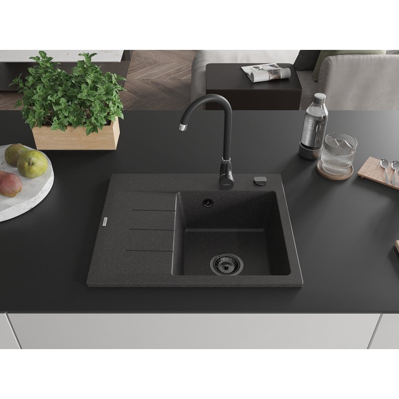 Mexen Ben zlewozmywak granitowy 1-komorowy z ociekaczem, prawy 600 x 500 mm, czarny nakrapiany, syfon czarny - 6523605000-76-B