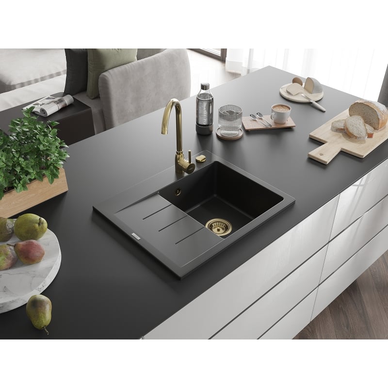 Mexen Ben zlewozmywak granitowy 1-komorowy z ociekaczem, prawy 600 x 500 mm, czarny, syfon złoty - 6523605000-77-G