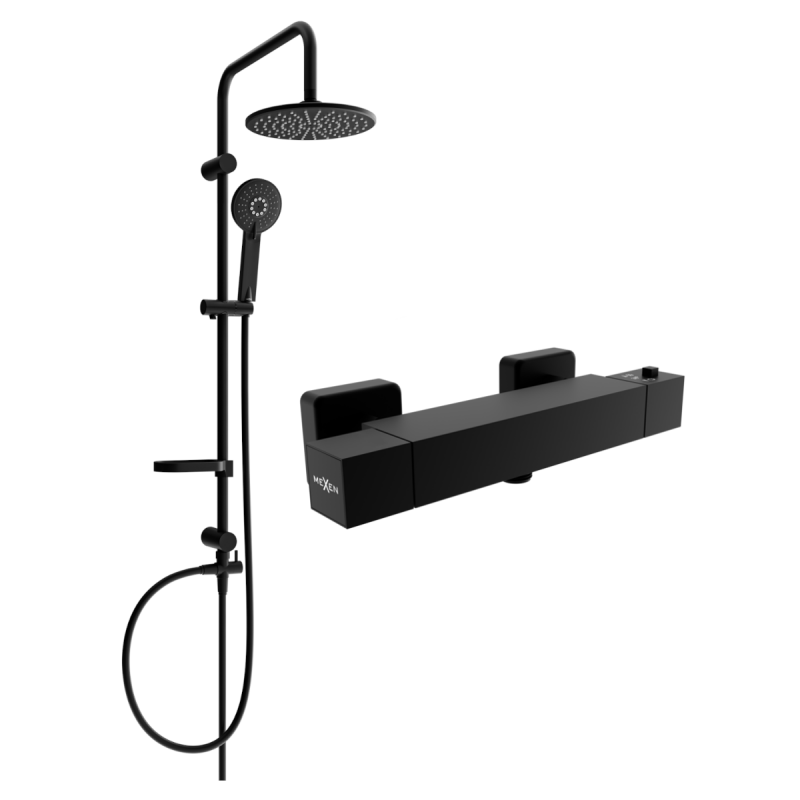 Mexen Carl zestaw prysznicowy natynkowy z deszczownicą i baterią prysznicową termostatyczną Cube, czarny - 77200240-70