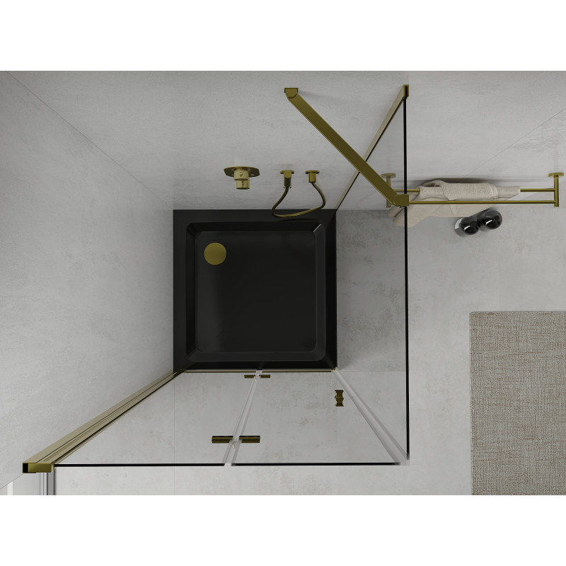 Mexen Lima kabina prysznicowa składana 90 x 90 cm, transparent, złota + brodzik Flat, czarny - 856-090-090-50-00-4070G