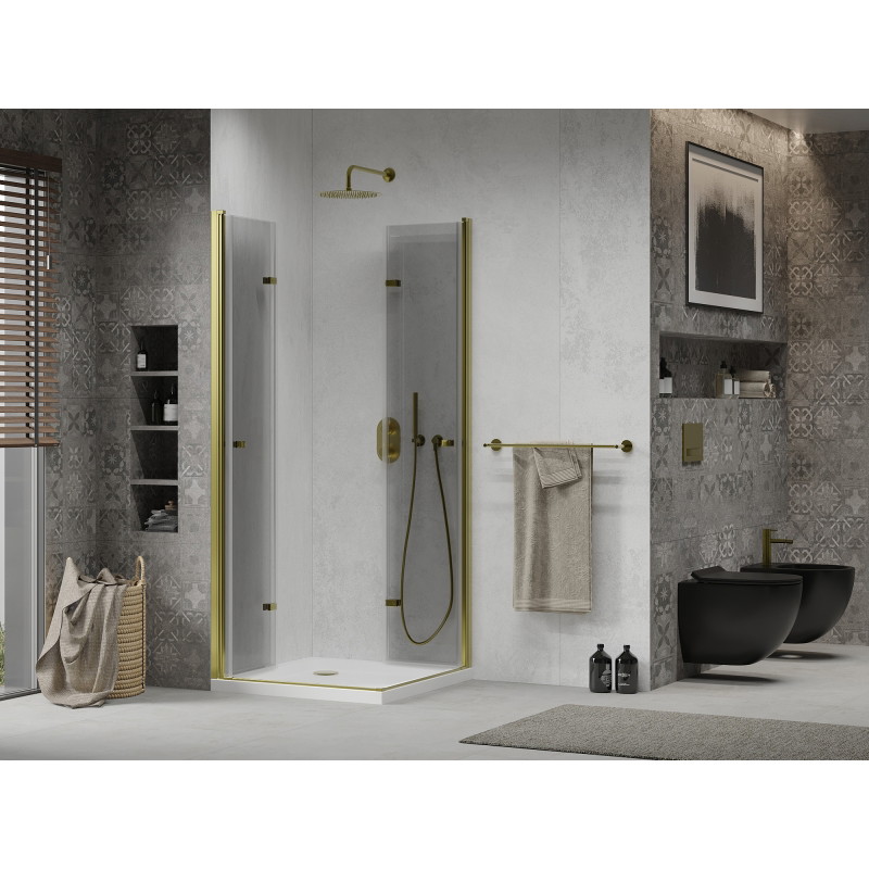 Mexen Lima Duo kabina prysznicowa składana 90 x 90 cm, transparent, złota + brodzik Flat - 856-090-090-50-02-4010G