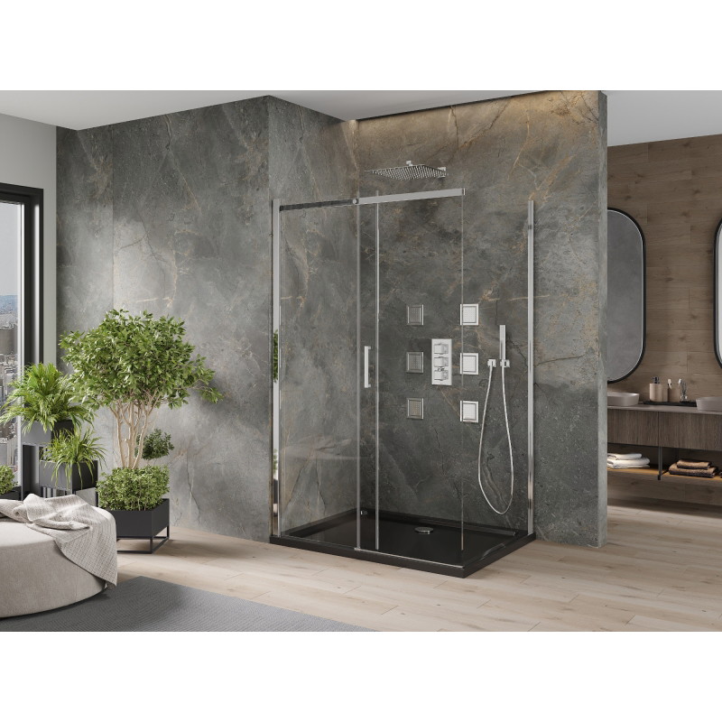 Mexen Omega kabina prysznicowa rozsuwana 100 x 90 cm, transparent, chrom + brodzik Flat, czarny - 825-100-090-01-00-4070