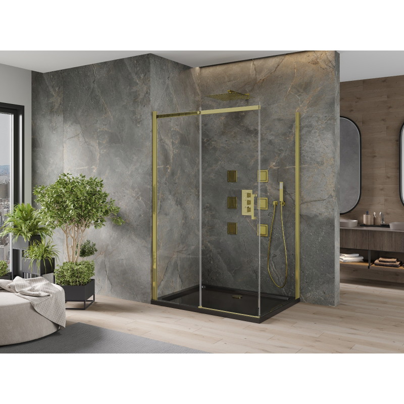 Mexen Omega kabina prysznicowa rozsuwana 100 x 90 cm, transparent, złota + brodzik Flat, czarny - 825-100-090-50-00-4070G