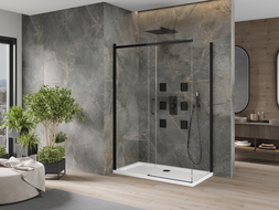 Mexen Omega kabina prysznicowa rozsuwana 130 x 70 cm, transparent, czarna + brodzik Flat, biały - 825-130-070-70-00-4010B