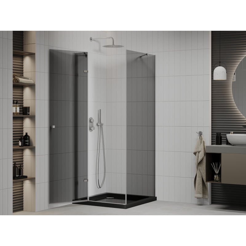 Mexen Roma kabina prysznicowa uchylna 90 x 90 cm, grafit, chrom + brodzik Flat, czarny - 854-090-090-01-40-4070