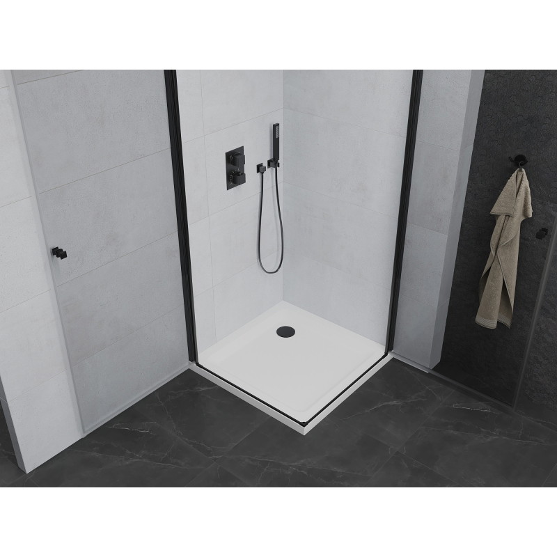 Mexen Pretoria Duo kabina prysznicowa uchylna 90 x 90 cm, transparent, czarna + brodzik Flat - 852-090-090-70-02-4010B