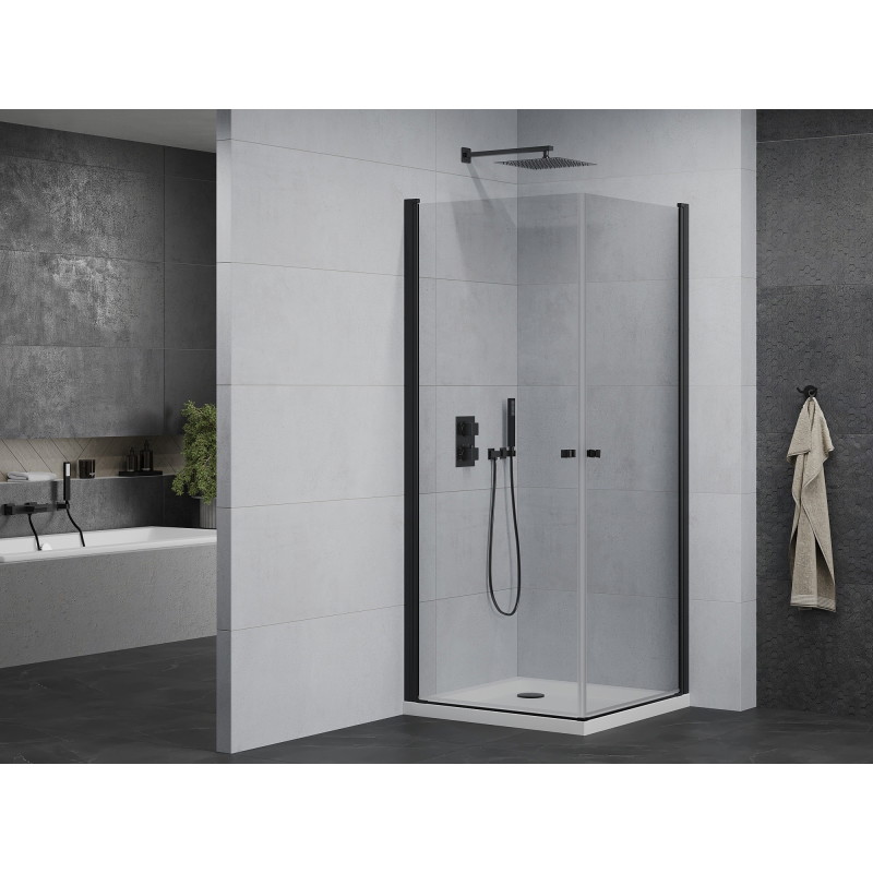 Mexen Pretoria Duo kabina prysznicowa uchylna 90 x 90 cm, transparent, czarna + brodzik Flat - 852-090-090-70-02-4010B