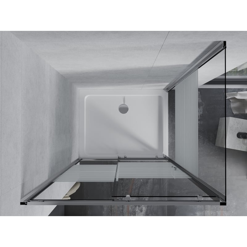 Mexen Apia kabina prysznicowa rozsuwana 90 x 80 cm, białe pasy, chrom + brodzik Flat - 840-090-080-01-20-4010