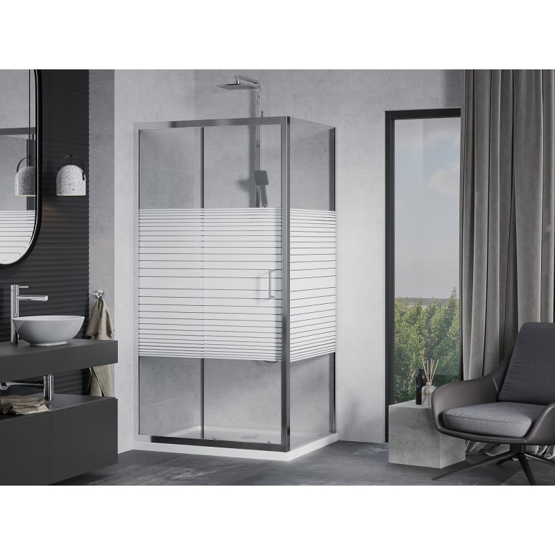 Mexen Apia kabina prysznicowa rozsuwana 110 x 90 cm, białe pasy, chrom + brodzik Flat - 840-110-090-01-20-4010