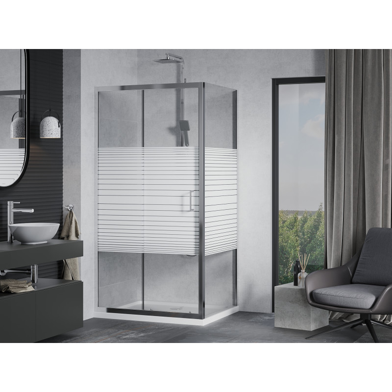 Mexen Apia kabina prysznicowa rozsuwana 130 x 90 cm, białe pasy, chrom + brodzik Flat - 840-130-090-01-20-4010