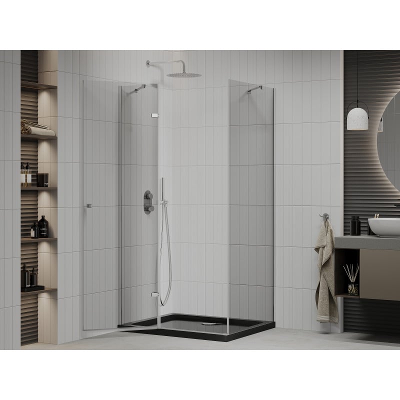 Mexen Roma kabina prysznicowa uchylna 80 x 120 cm, transparent, chrom + brodzik Flat, czarny - 854-080-120-01-00-4070