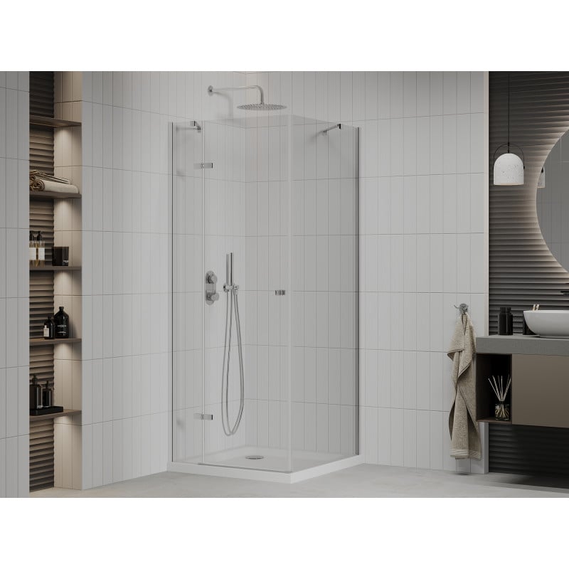 Mexen Roma kabina prysznicowa uchylna 80 x 80 cm, transparent, chrom + brodzik Flat - 854-080-080-01-00-4010