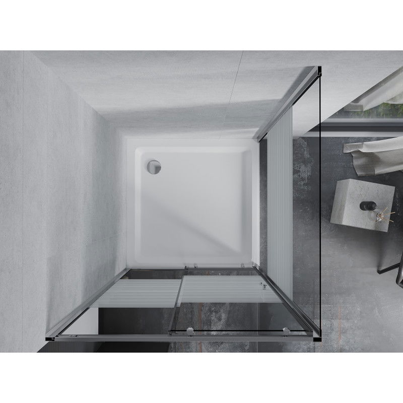 Mexen Apia kabina prysznicowa rozsuwana 90 x 90 cm, białe pasy, chrom + brodzik Flat - 840-090-090-01-20-4010