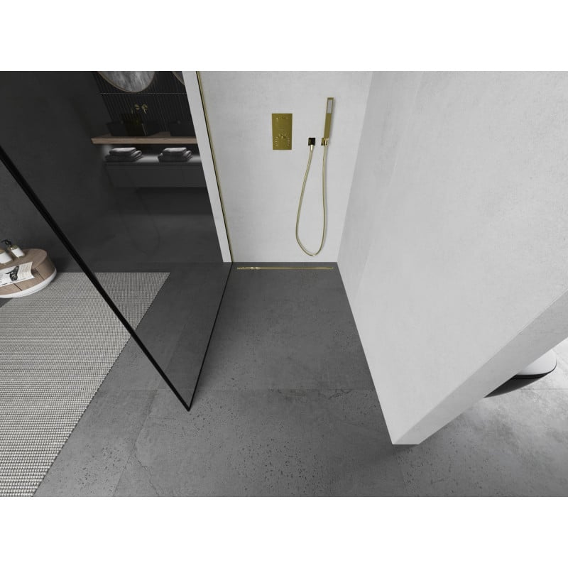 Mexen Kioto ścianka prysznicowa Walk-in 80 x 200 cm, czarna ramka 8 mm, złota - 800-080-101-50-70
