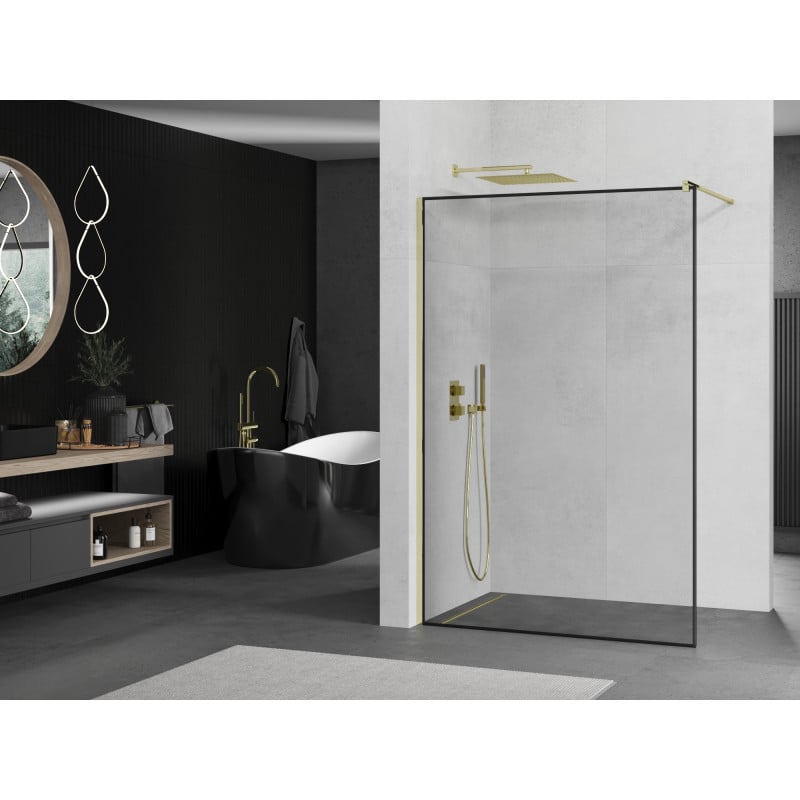 Mexen Kioto ścianka prysznicowa Walk-in 100 x 200 cm, czarna ramka 8 mm, złota - 800-100-101-50-70