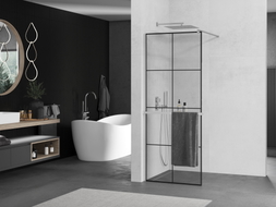 Mexen Kioto+ ścianka prysznicowa z półką Walk-in 70 x 200 cm, czarna kratka, chrom - 800-070-121-01-77