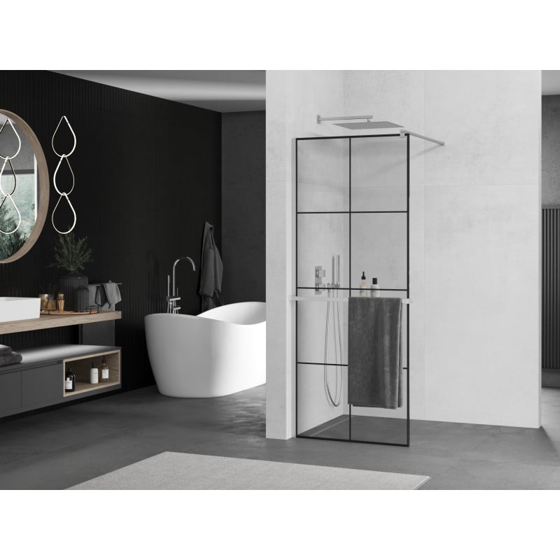 Mexen Kioto+ ścianka prysznicowa z półką Walk-in 80 x 200 cm, czarna kratka, chrom - 800-080-121-01-77