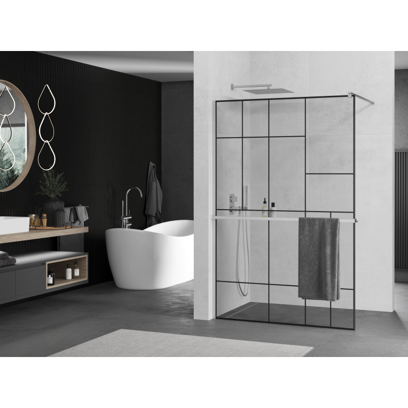 Mexen Kioto+ ścianka prysznicowa z półką Walk-in 80 x 200 cm, czarny wzór, chrom - 800-080-121-01-78