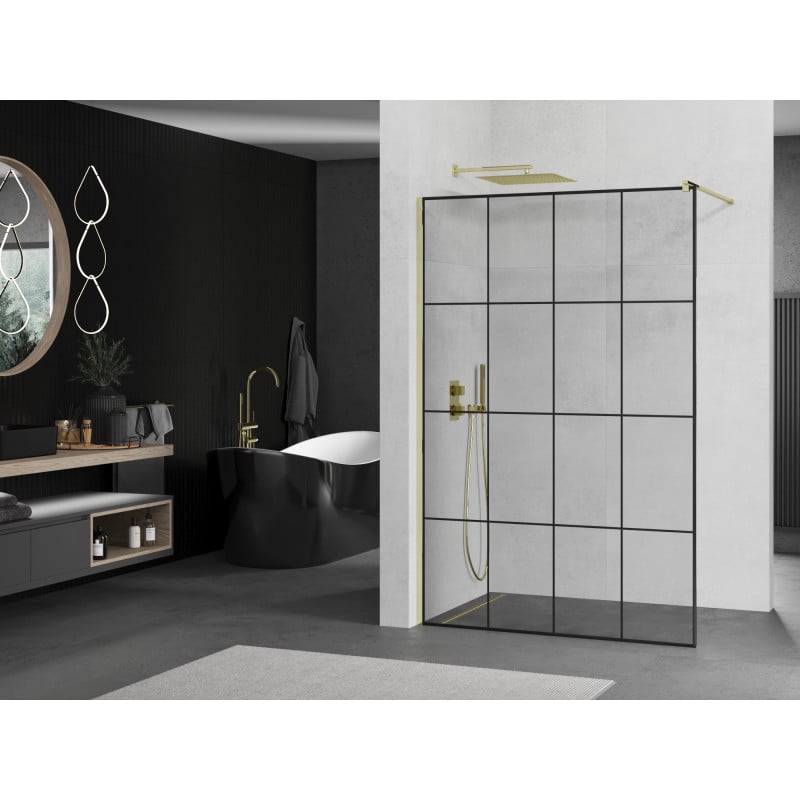 Mexen Kioto ścianka prysznicowa Walk-in 140 x 200 cm, czarna kratka 8 mm, złota - 800-140-101-50-77
