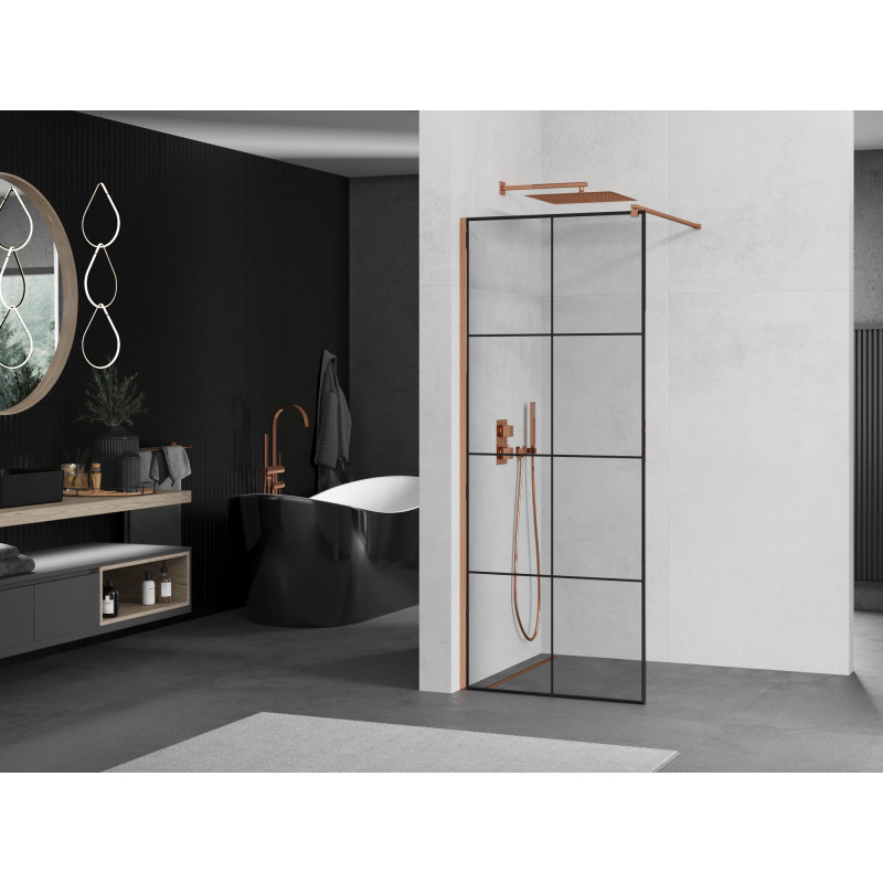 Mexen Kioto ścianka prysznicowa Walk-in 80 x 200 cm, czarna kratka 8 mm, różowe złoto - 800-080-101-60-77