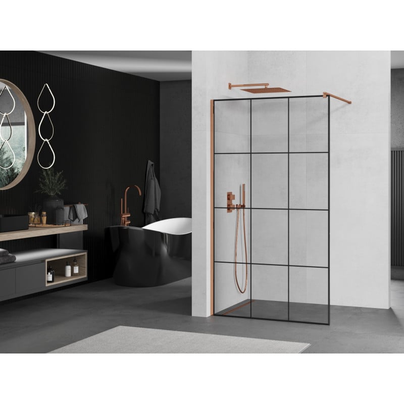 Mexen Kioto ścianka prysznicowa Walk-in 100 x 200 cm, czarna kratka 8 mm, różowe złoto - 800-100-101-60-77