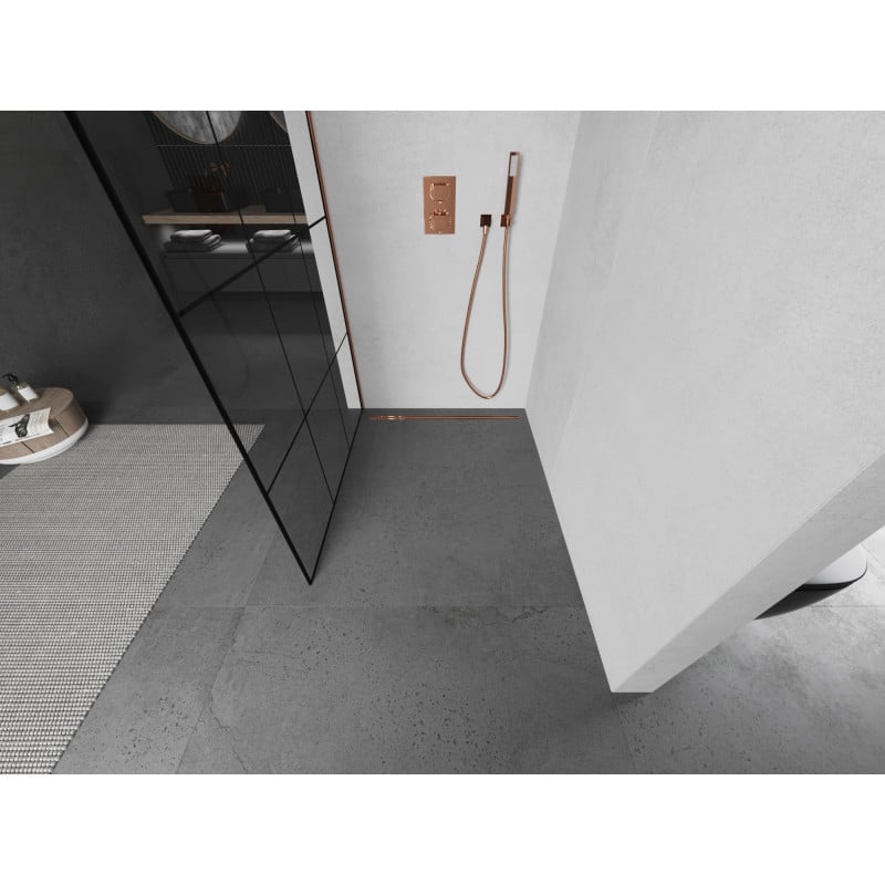 Mexen Kioto ścianka prysznicowa Walk-in 110 x 200 cm, czarna kratka 8 mm, różowe złoto - 800-110-101-60-77