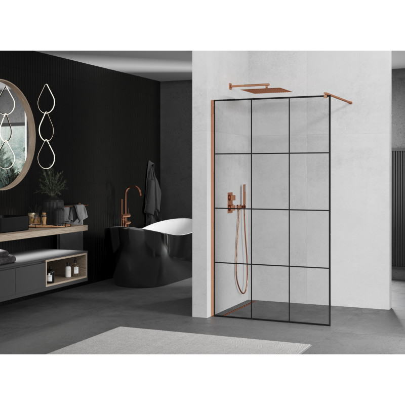 Mexen Kioto ścianka prysznicowa Walk-in 120 x 200 cm, czarna kratka 8 mm, różowe złoto - 800-120-101-60-77