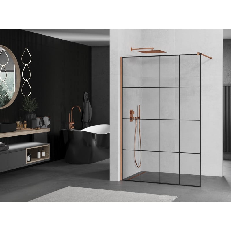 Mexen Kioto ścianka prysznicowa Walk-in 130 x 200 cm, czarna kratka 8 mm, różowe złoto - 800-130-101-60-77