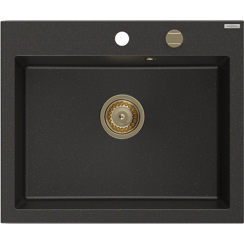 Mexen Elix zlewozmywak granitowy 1-komorowy 600 x 500 mm, czarny/złoty metalik, syfon złoty - 6525601005-75-G