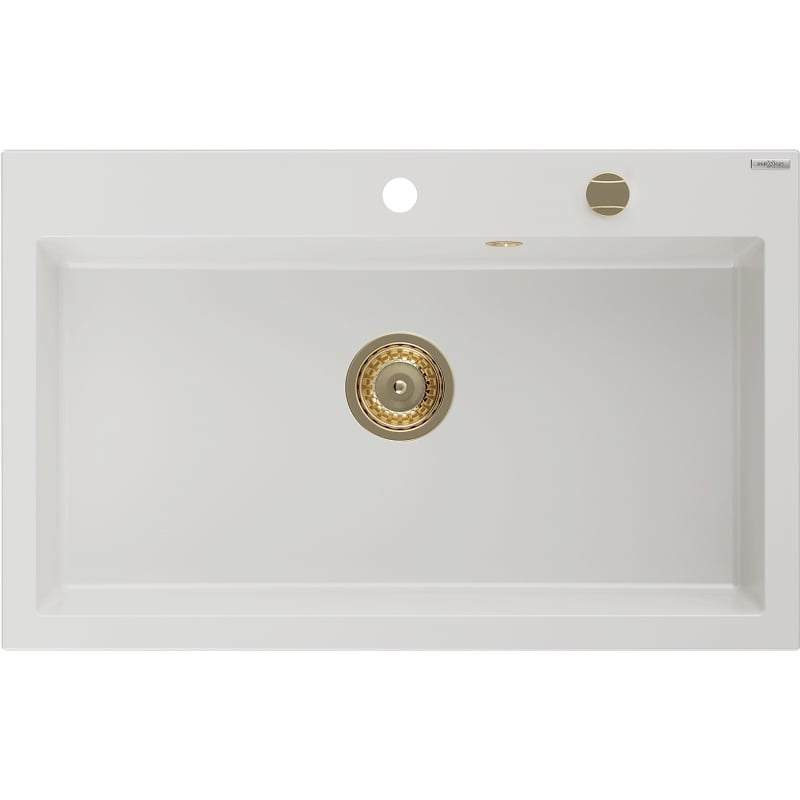 Mexen Elix zlewozmywak granitowy 1-komorowy 800 x 500 mm, biały, syfon złoty - 6527801005-20-G