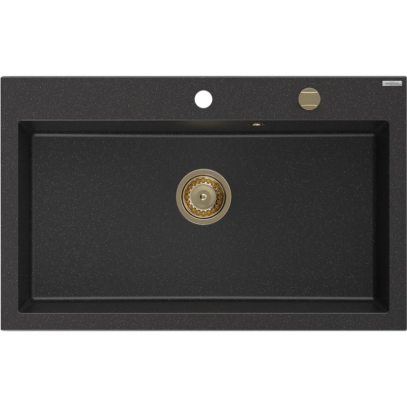 Mexen Elix zlewozmywak granitowy 1-komorowy 800 x 500 mm, czarny/srebrny metalik, syfon złoty - 6527801005-73-G
