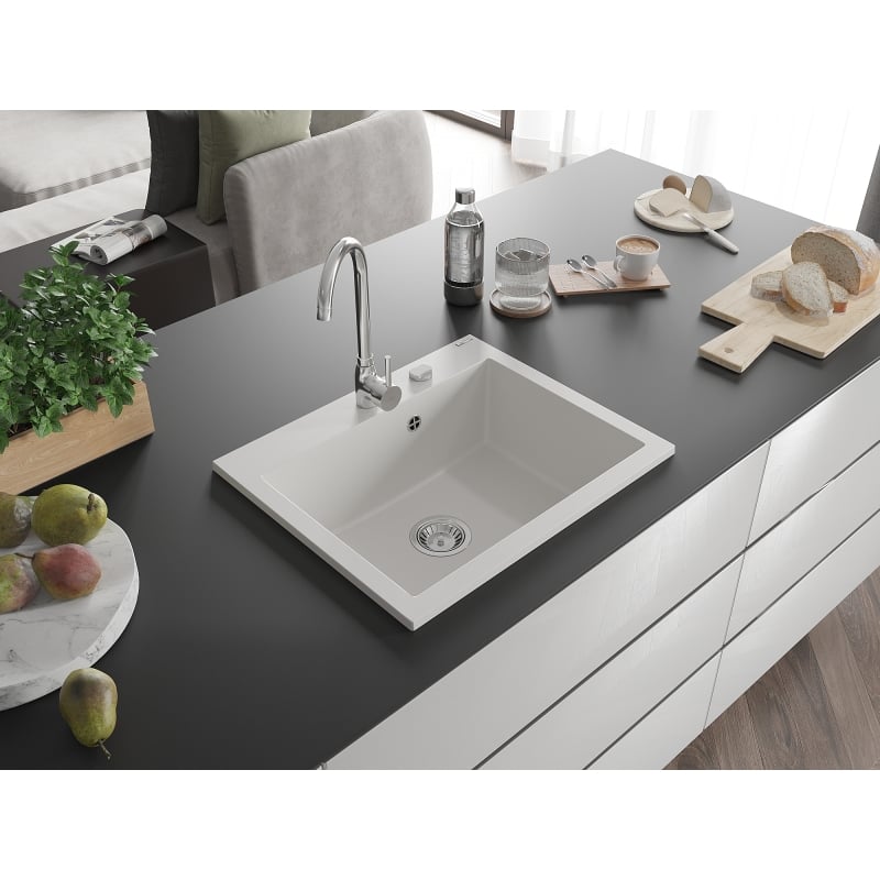 Mexen Elix zlewozmywak granitowy 1-komorowy 600 x 500 mm, biały, syfon chrom - 6525601005-20
