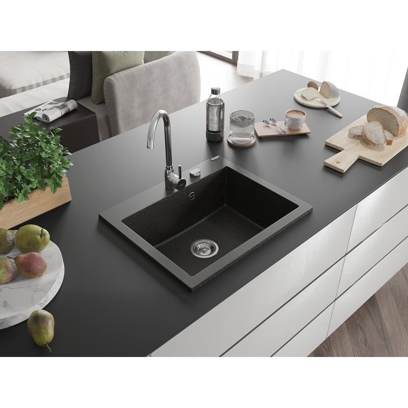 Mexen Elix zlewozmywak granitowy 1-komorowy 600 x 500 mm, czarny/złoty metalik, syfon chrom - 6525601005-75