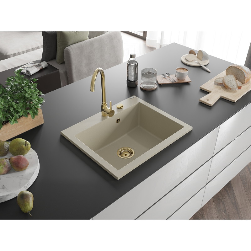 Mexen Elix zlewozmywak granitowy 1-komorowy 600 x 500 mm, beżowy, syfon złoty - 6525601005-69-G