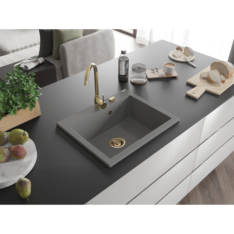 Mexen Elix zlewozmywak granitowy 1-komorowy 600 x 500 mm, szary, syfon złoty - 6525601005-71-G