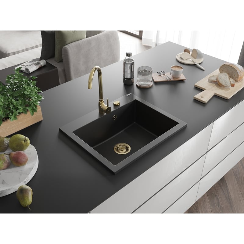 Mexen Elix zlewozmywak granitowy 1-komorowy 600 x 500 mm, czarny, syfon złoty - 6525601005-77-G