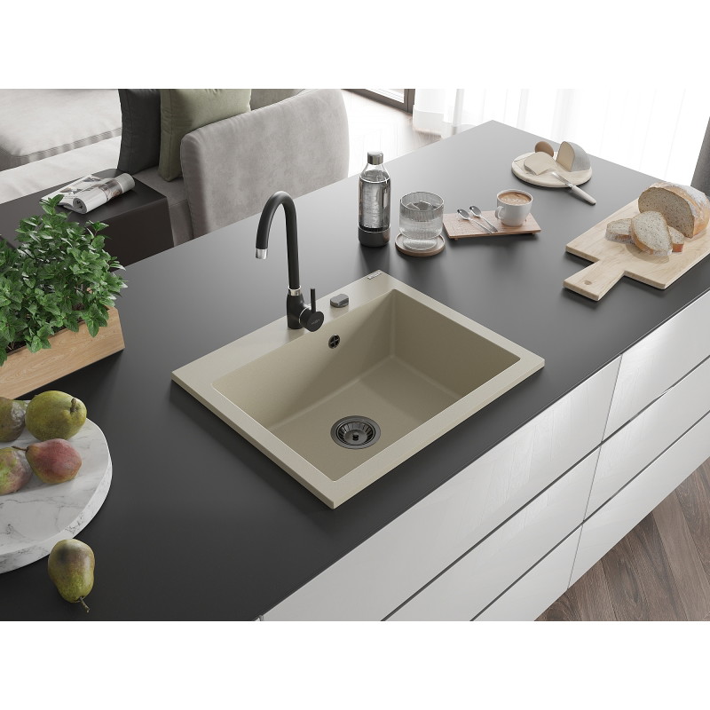 Mexen Elix zlewozmywak granitowy 1-komorowy 600 x 500 mm, beżowy, syfon czarny- 6525601005-69-B
