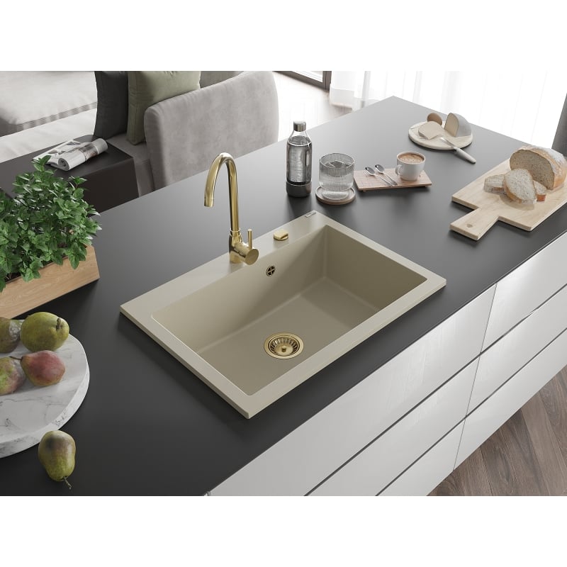 Mexen Elix zlewozmywak granitowy 1-komorowy 700 x 500 mm, beżowy, syfon złoty - 6526701005-69-G