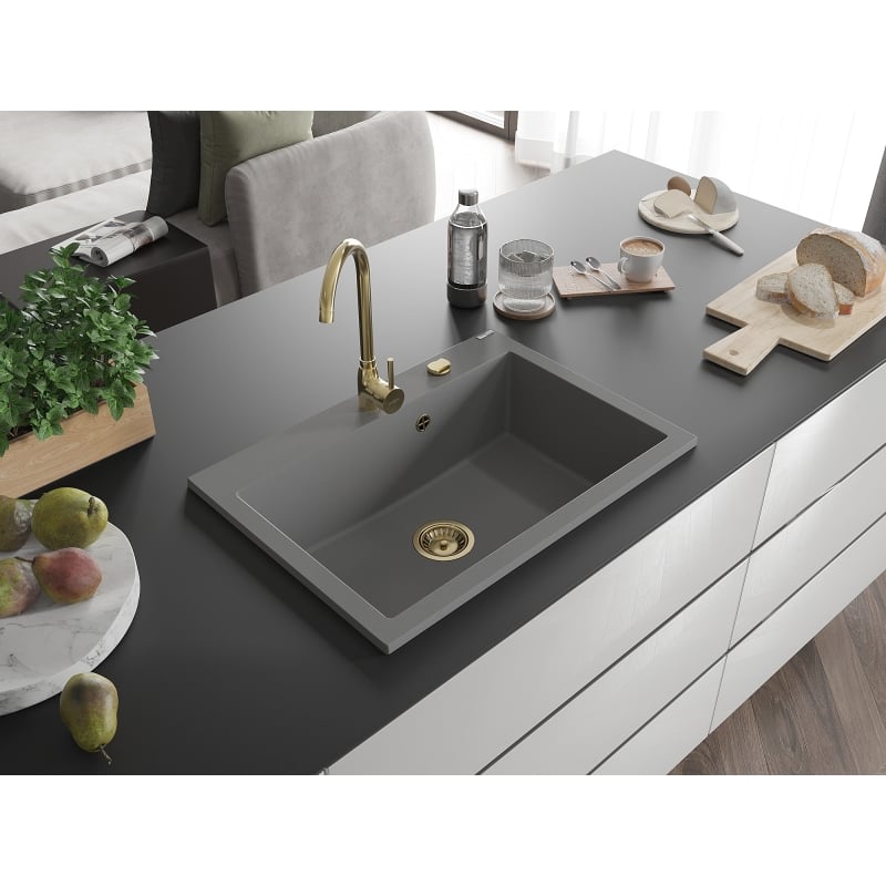Mexen Elix zlewozmywak granitowy 1-komorowy 700 x 500 mm, szary, syfon złoty - 6526701005-71-G