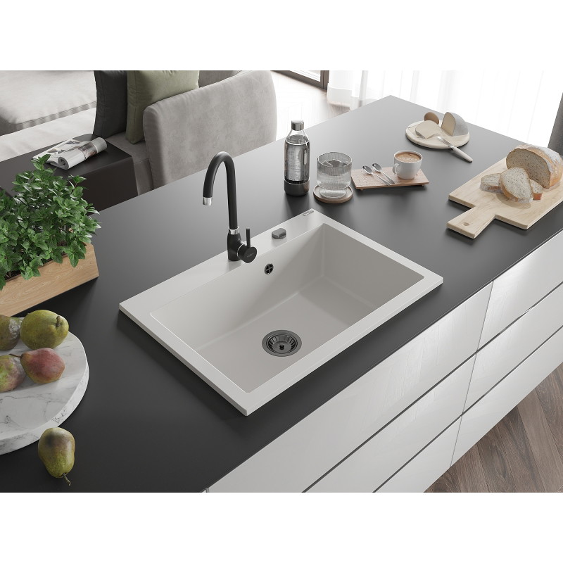 Mexen Elix zlewozmywak granitowy 1-komorowy 700 x 500 mm, biały, syfon czarny - 6526701005-20-B