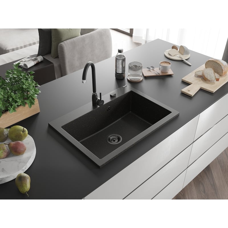 Mexen Elix zlewozmywak granitowy 1-komorowy 700 x 500 mm, czarny/złoty metalik, syfon czarny - 6526701005-75-B