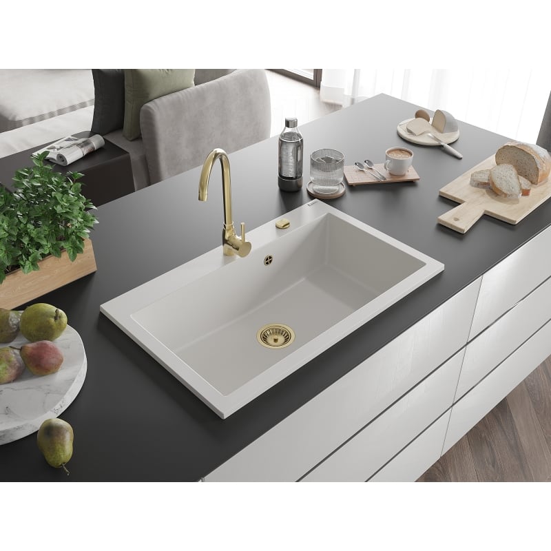 Mexen Elix zlewozmywak granitowy 1-komorowy 800 x 500 mm, biały, syfon złoty - 6527801005-20-G
