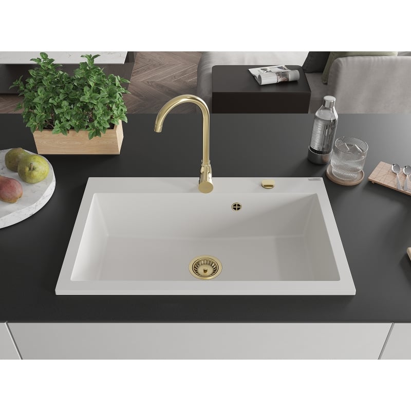 Mexen Elix zlewozmywak granitowy 1-komorowy 800 x 500 mm, biały, syfon złoty - 6527801005-20-G