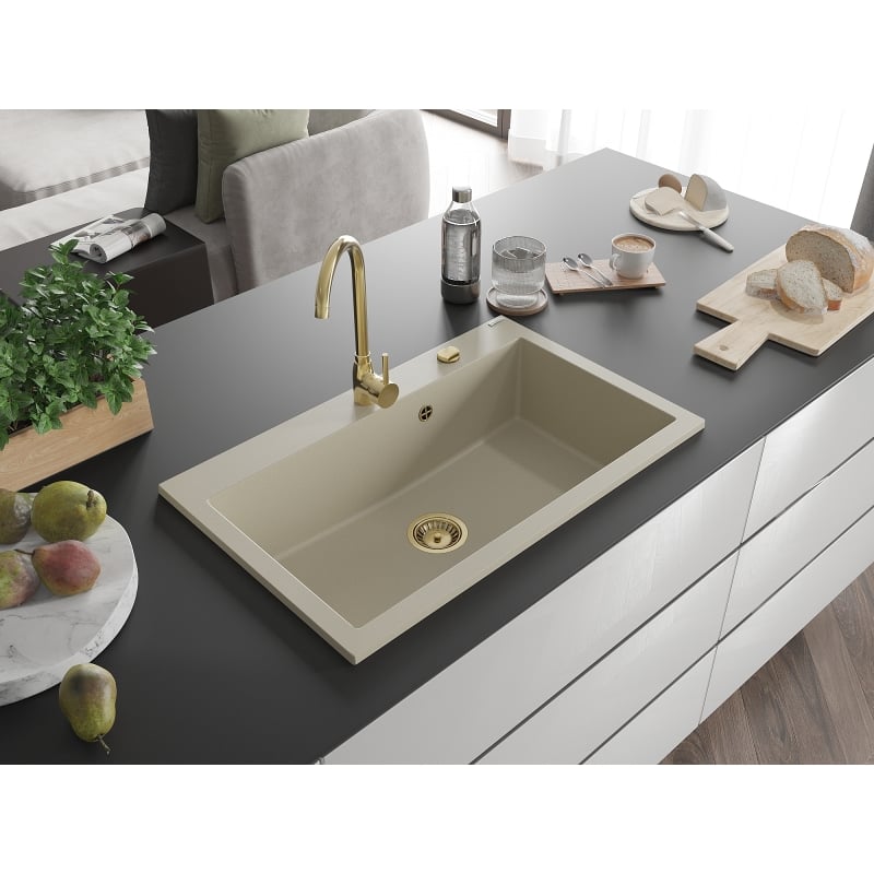 Mexen Elix zlewozmywak granitowy 1-komorowy 800 x 500 mm, beżowy, syfon złoty - 6527801005-69-G