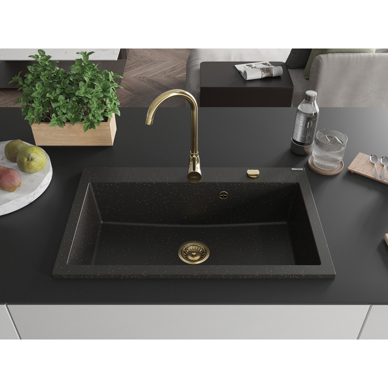 Mexen Elix zlewozmywak granitowy 1-komorowy 800 x 500 mm, czarny/złoty metalik, syfon złoty - 6527801005-75-G